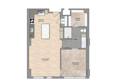 Floor plan for 1 bed, 1 bath, 855 sqft